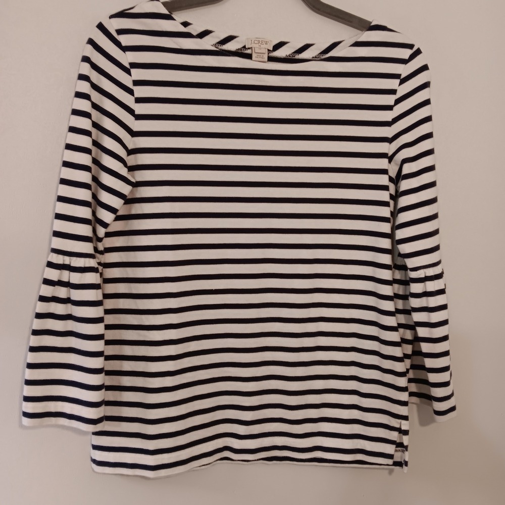 J. Crew Striped Boat‎ Neck Bell Sleeve Top XS Navy White Casual Boatneck Shirt